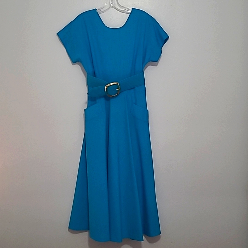 Melissa Vintage Turquoise 80's A Line Swing Dress Gold Tone Belt Sz 6
